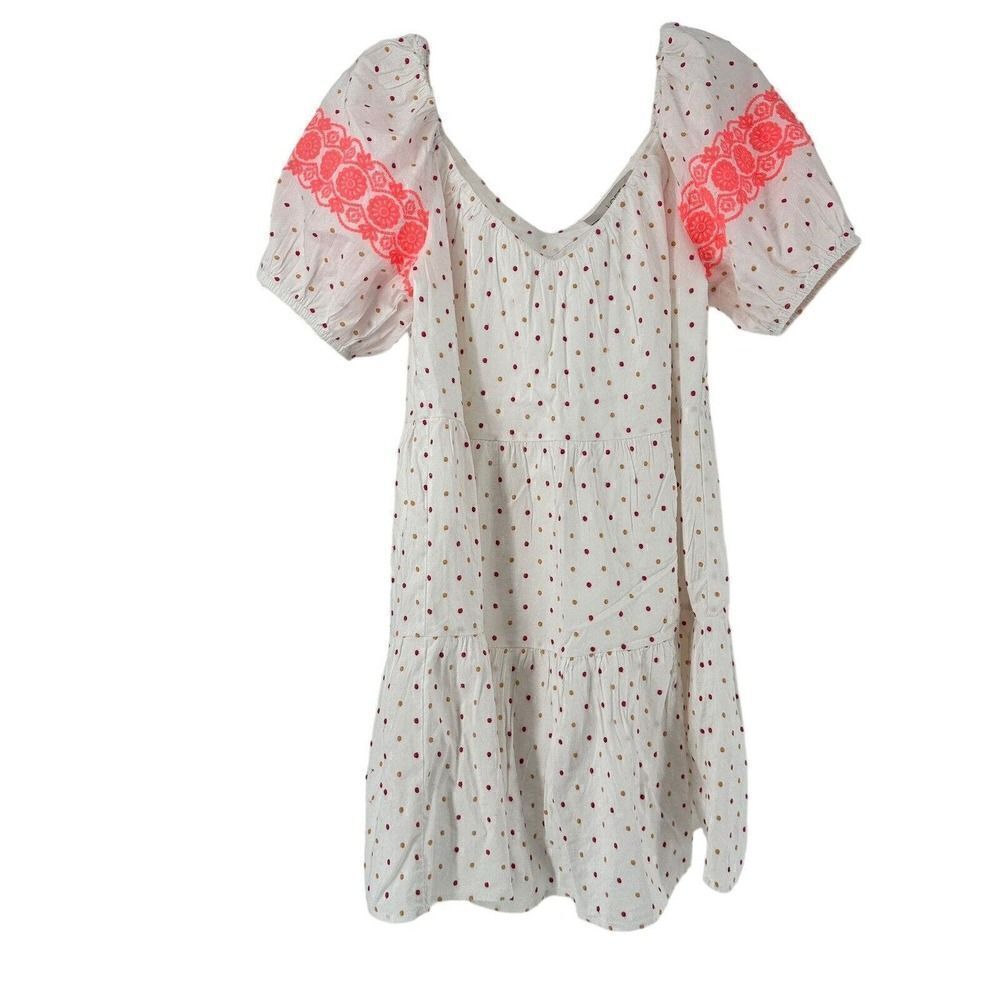 LOFT Puff Sleeve Dot Embroidered Tiered Swing Dress Size XS White Pink Boho Prep
